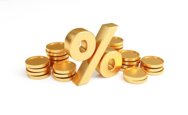 Kar amacı güden beyaz arka planda bir yığın altın sikke. Altın sikkeler ya da para birimi. 3B görüntüleme.