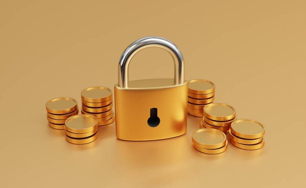 3d illustration, Symbol for Cryptocurrency security. A stack of Coins with lock on golden background