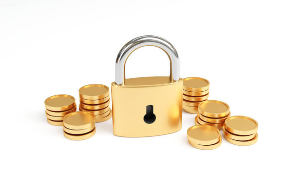3d illustration, Symbol for Cryptocurrency security. A stack of Coins with lock on white background