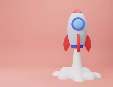 3D illüstrasyon Roketi bulutların üzerinde uçuyor, roket fırlatılıyor. Girişim konsepti.