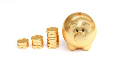 Kar amacı güden beyaz arka planda bir yığın altın sikke. Altın sikkeler ya da para birimi. 3B görüntüleme.