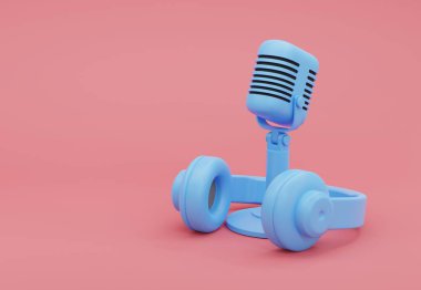 Pembe arka planda 3 boyutlu illüstrasyon, Retro Mikrofon ve Kulaklık