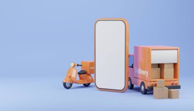 3D illüstrasyon, teslimat servisi scooter ve akıllı telefonlu dağıtım minibüsü mavi arka planda izole edilmiş.
