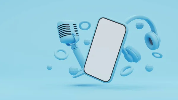 Retro Microphone Headphone Smart Phone Blue Background — 스톡 사진