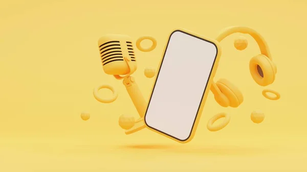 Retro Microphone Headphone Smart Phone Yellow Background — 스톡 사진