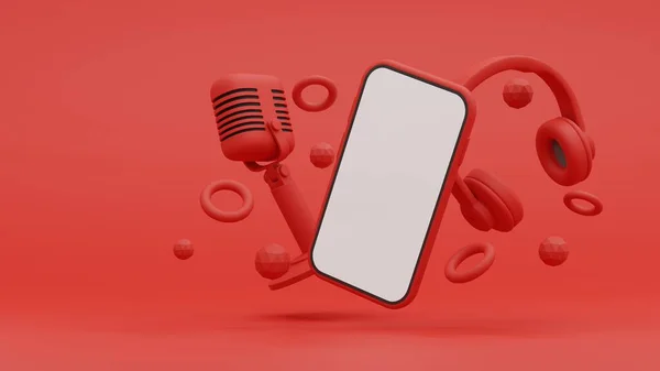 3Dイラスト レトロマイクとヘッドフォンとスマートフォンの赤の背景に — ストック写真
