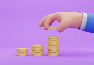 3D çizim, El para yığını. Para biriktirme kavramı.
