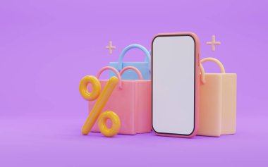 Alışveriş poşetleriyle online akıllı telefon alışverişi. 3d oluşturma