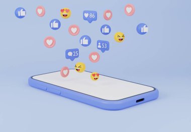 3D illüstrasyon Sosyal medya platformu, çevrimiçi sosyal iletişim uygulamaları konsepti, sosyal medya simgelerine sahip akıllı telefon