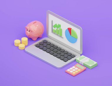 Haritalı ve grafikli bilgisayar, analiz işi finansal verileri, dolar paraları, banknot, çevrimiçi pazarlama. 3d illüstrasyon