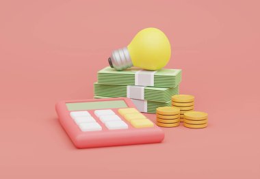 3D illüstrasyon, Pembe Hesap Makinesi ve Para Doları ve Para Nakit Simgesi.