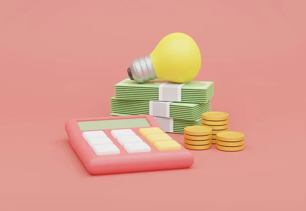 3Dイラスト ピンク計算機とお金ドル紙幣とコインキャッシュアイコン — ストック写真