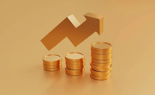 Growth Earnings Financial Success Concept Gold Coins Golden Arrow Isolated — Fotografia de Stock