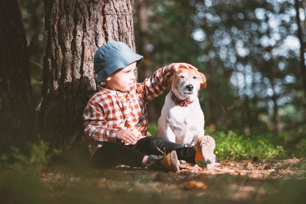 Small kid in blue cap with white dog — Stock Photo, Image