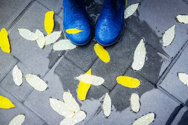 Kaki dalam sepatu bot karet biru berdiri di paving beton basah — Stok Foto