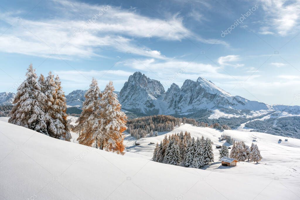 Picturesque landscape with small wooden house on meadow Alpe di Siusi