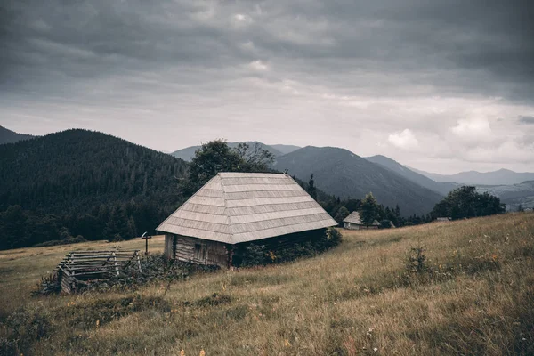 Malerische Herbstwiese mit altem Holzhaus — Stockfoto