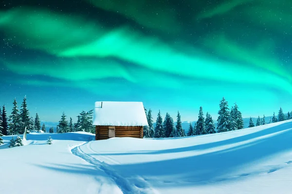 Fantastická krajina s severním světlem — Stock fotografie