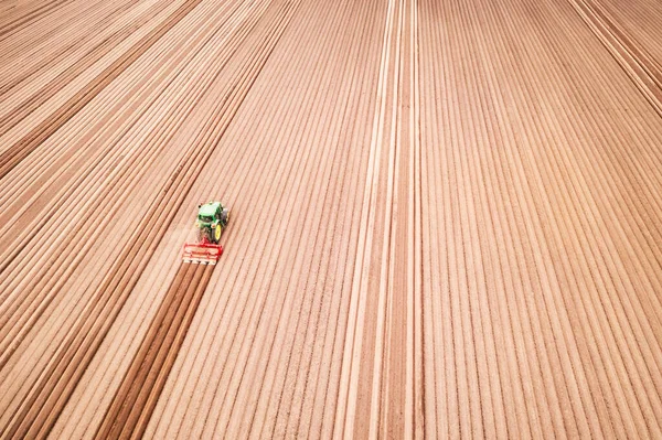 Tractor solitario en el campo agrícola con hileras de tierra arada —  Fotos de Stock