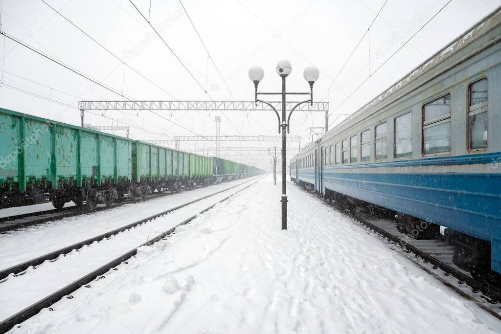 Train station peron covered by snow in winter time