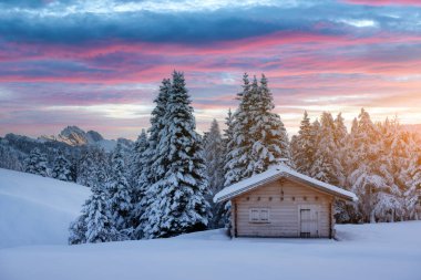 Meadow Alpe di Siusi 'de küçük ahşap bir ev manzarası.
