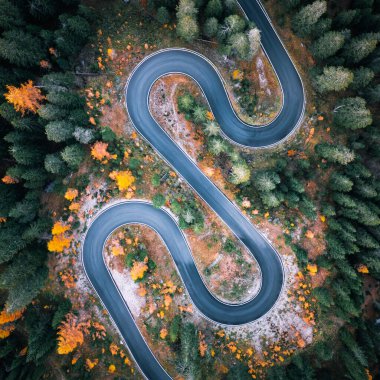 Top aerial view of famous Snake road near Passo Giau in Dolomite Alps clipart