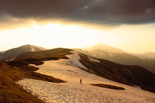Uitzicht Grazige Heuvels Besneeuwde Bergen Achtergrond Dramatische Lente Scene Landschapsfotografie — Stockfoto