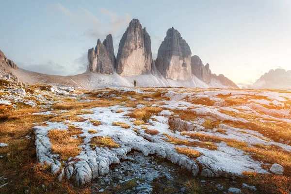 Increíble Vista Los Tres Picos Lavaredo Luz Mañana Parque Nacional — Foto de Stock