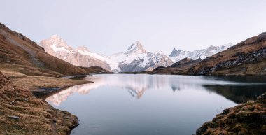 İsviçre Alp Dağları 'ndaki Bachalpsee Gölü. Arka planda Wetterhorn, Mittelhorn ve Rosenhorn 'un karlı zirveleri var. Grindelwald Vadisi, İsviçre. Peyzaj fotoğrafçılığı