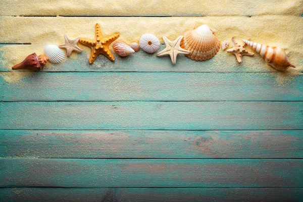 Vacations Summer Time Concept Starfish Sea Shells Turquoise Wooden Table — 图库照片