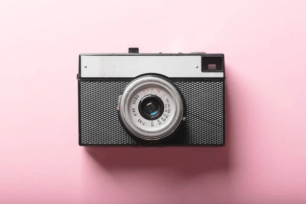 Stara Kamera Retro Różowym Tle Koncepcja Fotografii — Zdjęcie stockowe