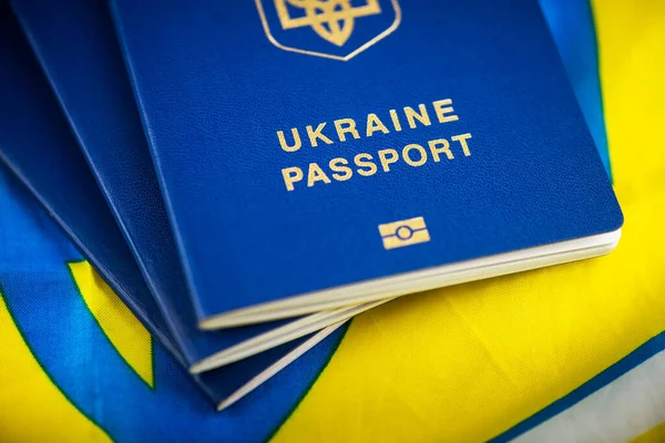 Ukrainian Biometric Passports National Yellow Blue Flag Close Macro Photography — Stock Photo, Image