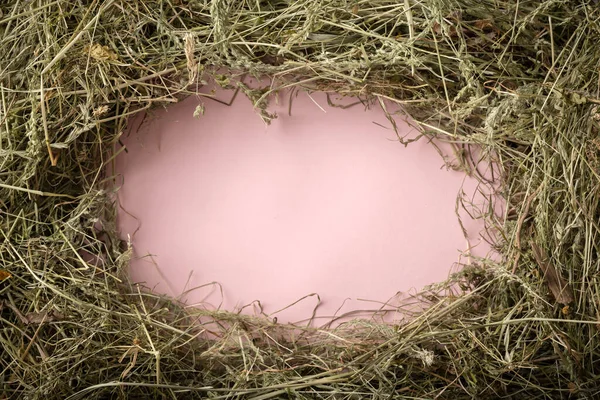 Frame Dry Straw Hay Pink Table Rural Village Background — Fotografia de Stock