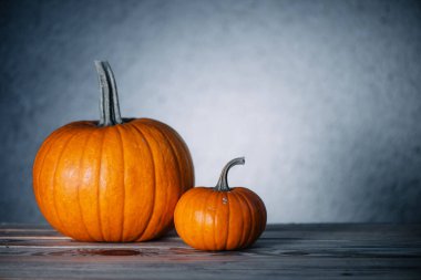 Two pumpkins on wooden table. Halloween and thanksgiving holiday and autumn harvest background