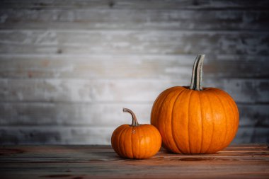 Two pumpkins on wooden table. Halloween and thanksgiving holiday and autumn harvest background