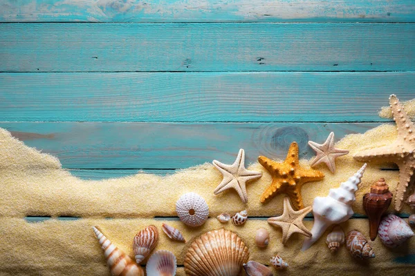 Vacations Summer Time Concept Starfish Sea Shells Turquoise Wooden Table — Stok fotoğraf