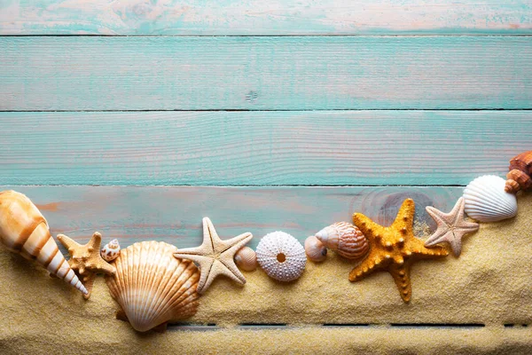 Vacations Summer Time Concept Starfish Sea Shells Turquoise Wooden Table — Stock Fotó