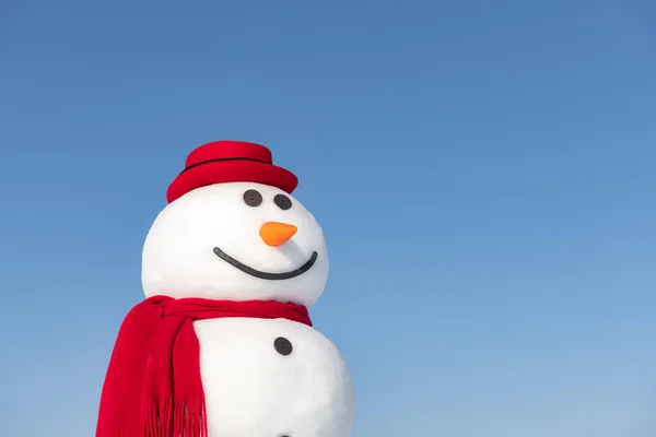 风趣的雪人 戴着时髦的红色帽子 蓝天背景的红色头皮特写 — 图库照片