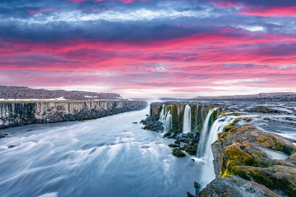 Красочный Закат Знаменитом Водопаде Селфосс Национальный Парк Джоколсарглюфур Исландия Пейзаж — стоковое фото