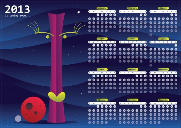 Calendário 2013 com caráter e dois planetas —  Vetores de Stock