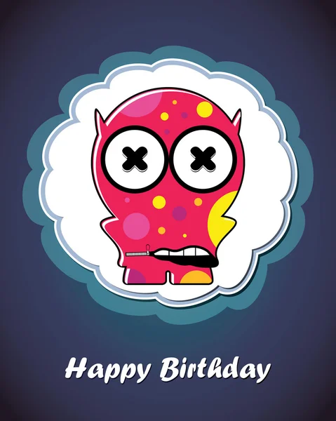 Happy birthday card with cute cartoon monster, vector — Stock Vector