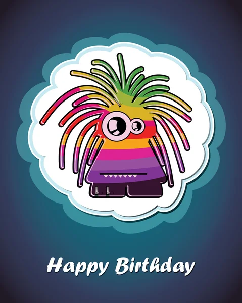 Happy birthday card with cute cartoon monster, vector — Stock Vector