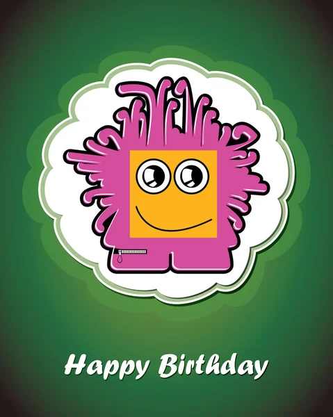 Happy birthday card with cute cartoon monster, vector — Stock Vector