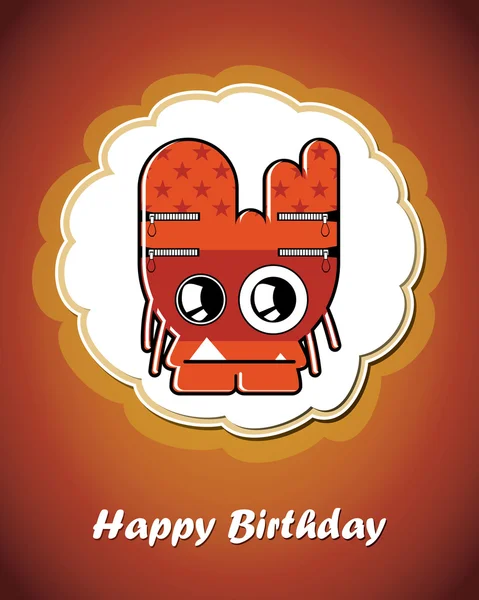 Happy birthday card with cute cartoon monster, vector — Stock Vector