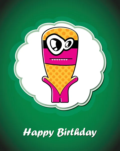 Happy birthday card with cute cartoon monster, vector — Stock Vector