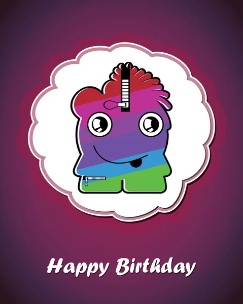 Happy birthday card with cute cartoon monster, vector — Stock Vector