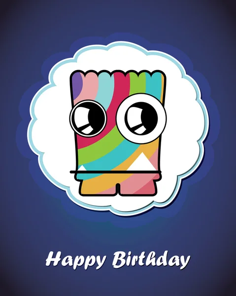 Happy birthday card with cute cartoon monster, vector — Stock Vector