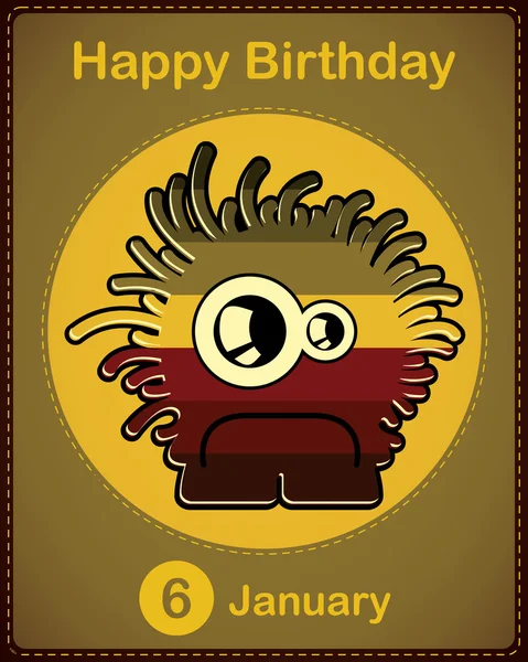 Happy birthday card with cute cartoon monster, vector — Stock Vector