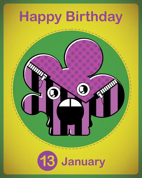 Happy birthday card with cute cartoon monster, vector — Stock Vector