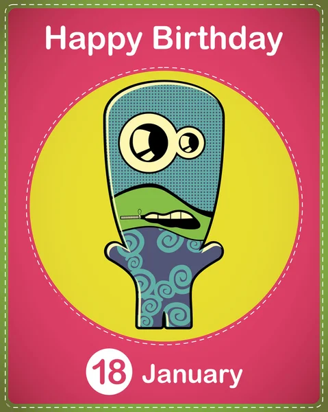 Happy birthday card with cute cartoon monster, vector — Stock Vector